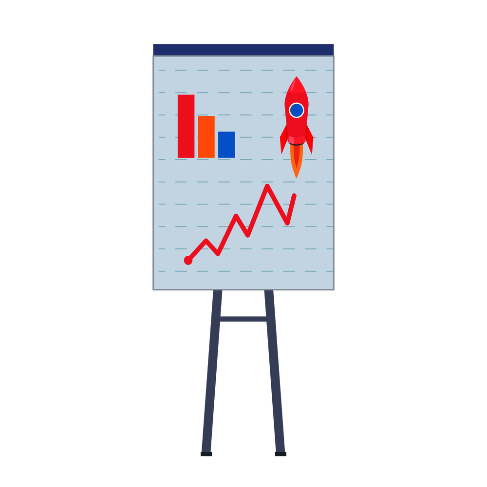 Office presentation board with charts, rising diagram and startup rocket isolated on white vector illustration in flat design.. Office Presentation Board with Charts and Diagram
