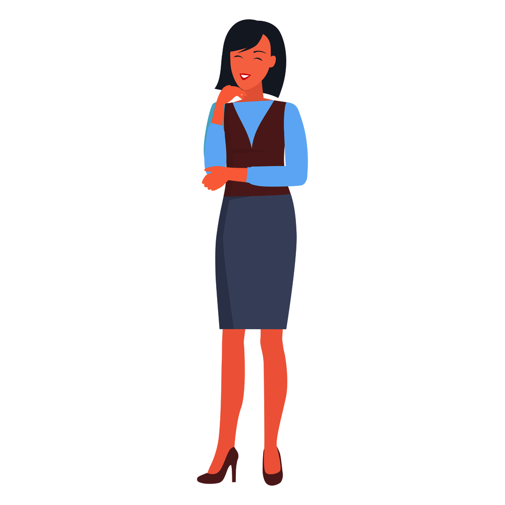 Woman in blue shirt, brown vest, pencil skirt and stiletto shoes stands and smiles isolated on white background. Office worker vector illustration.. Happy Businesswoman in Formal Clothes Illustration