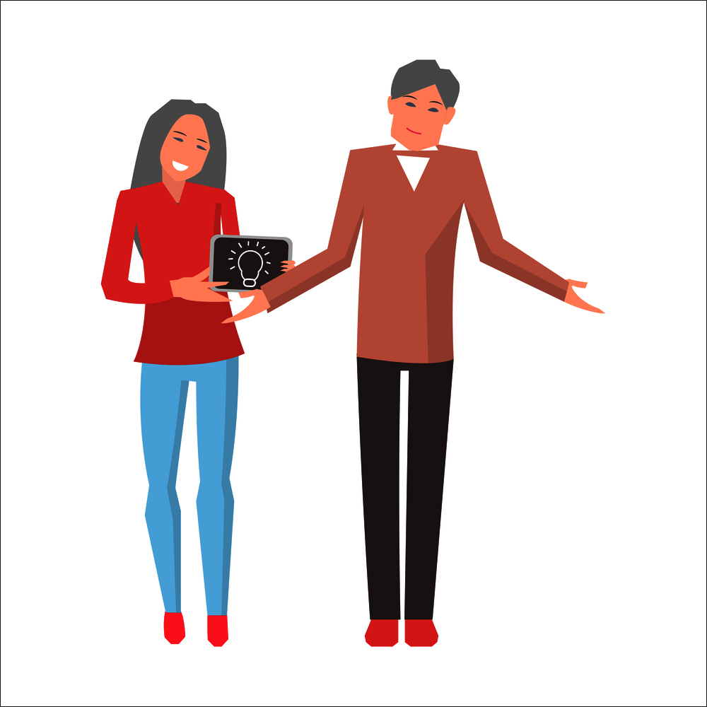 Man and woman standing with unsuccessful idea isolated on white. Male spreads his hands, smiling woman holding painted lamp on black ground on tablet. Vector illustration flat design cartoon style. Man and Woman Standing with Unsuccessful Idea