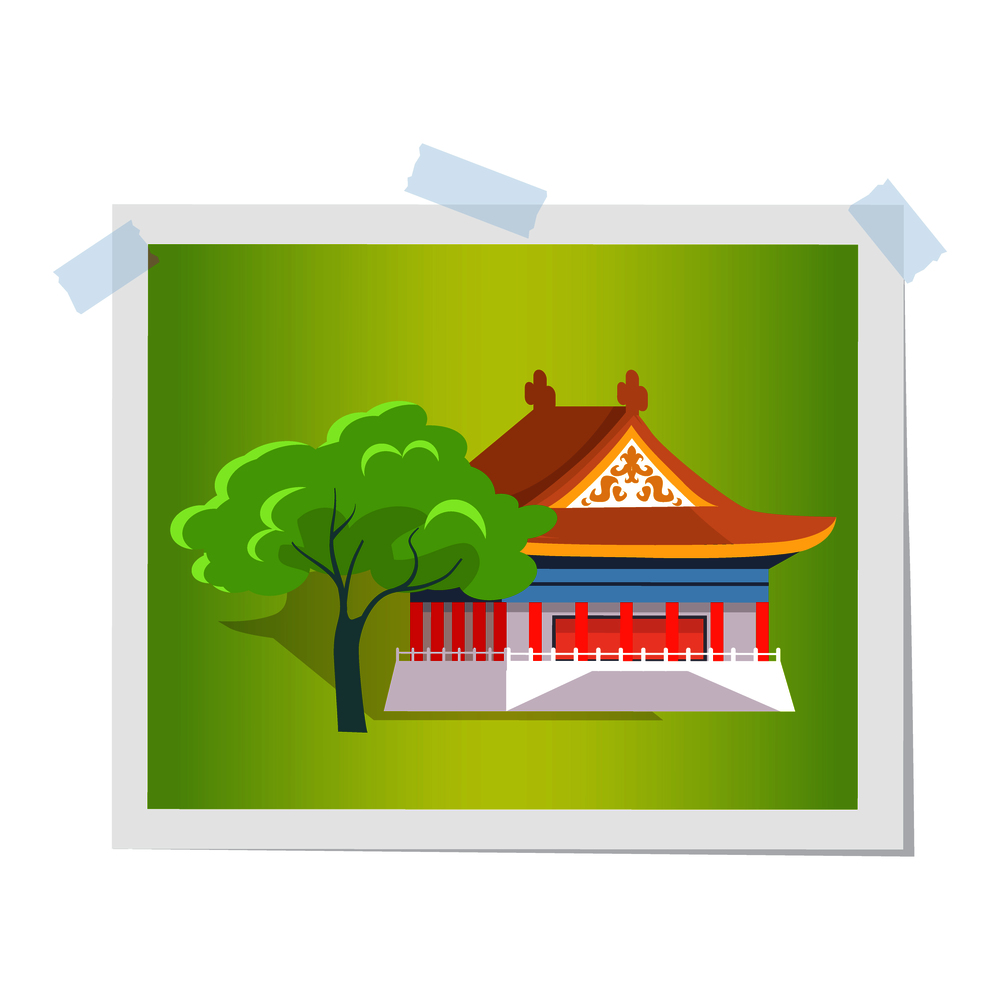 Oriental house or theatre near green tree image attached by scotch tape. Vector illustration in flat design of photograph isolated on white with traditional asian building having triangular roof. Oriental House or Theatre near Green Tree Image