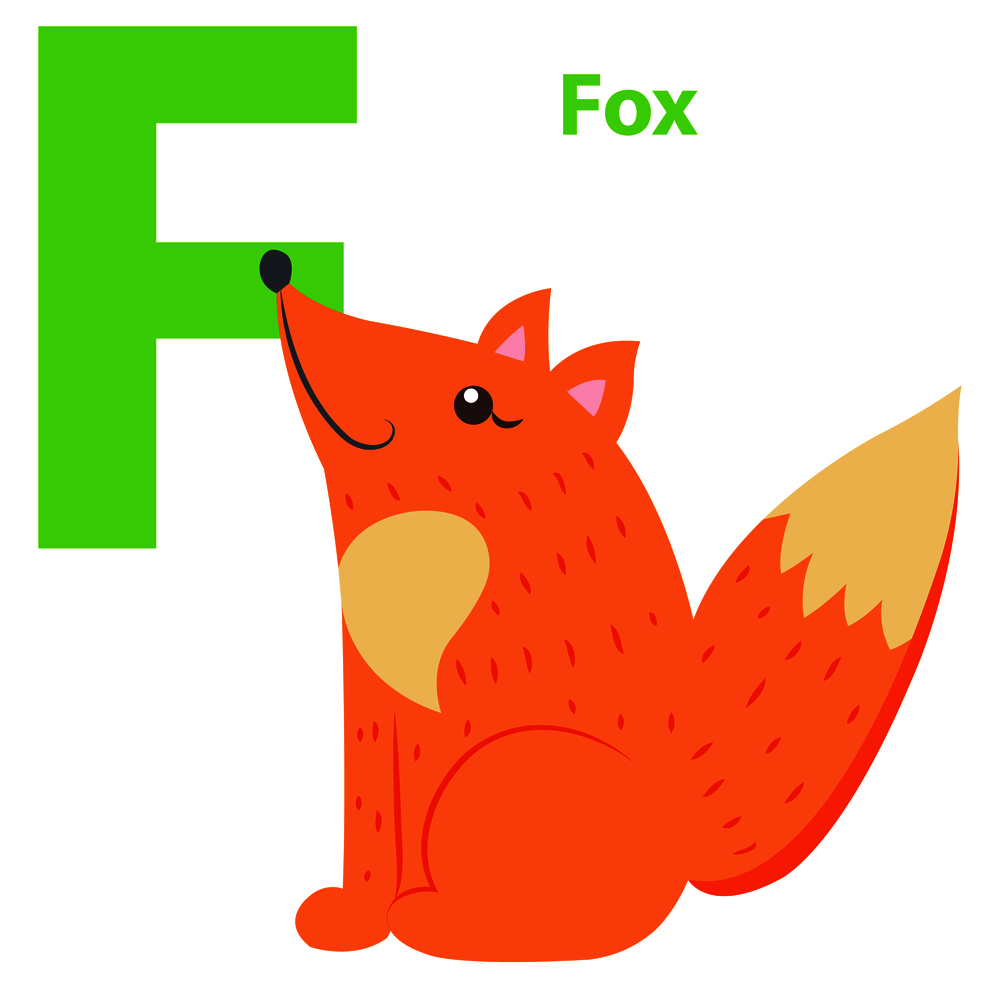 New babies alphabet with letter F Fox flat design on white background. Red cartoon animal teaches basics of reading. Vector illustration of preschool education color funny card graphic style.. New Babies Alphabet with Letter F Fox Flat Design