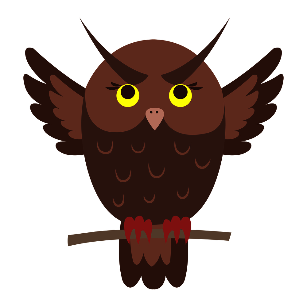 Funny cuty brown eagle-owl seating on branch with straightened wings vector sticker or icon isolated on white . Night predatory bird illustration outlined with dotted line for game counters, kids books. Cute Owl Cartoon Flat Vector Sticker or Icon