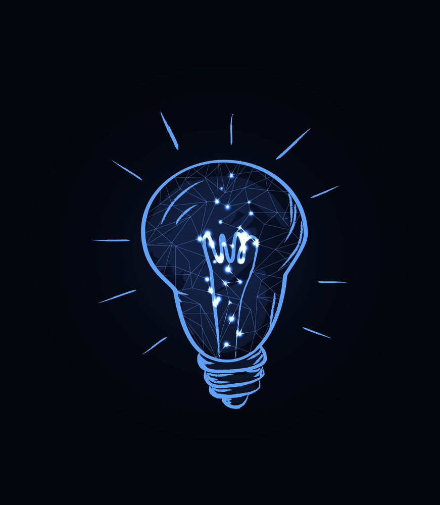 Glowing electric bulb with light doodles and soft glow around them. Vector illustration of drawn lamp isolated on dark blue background. Glowing Electric Bulb Icon Vector Illustration