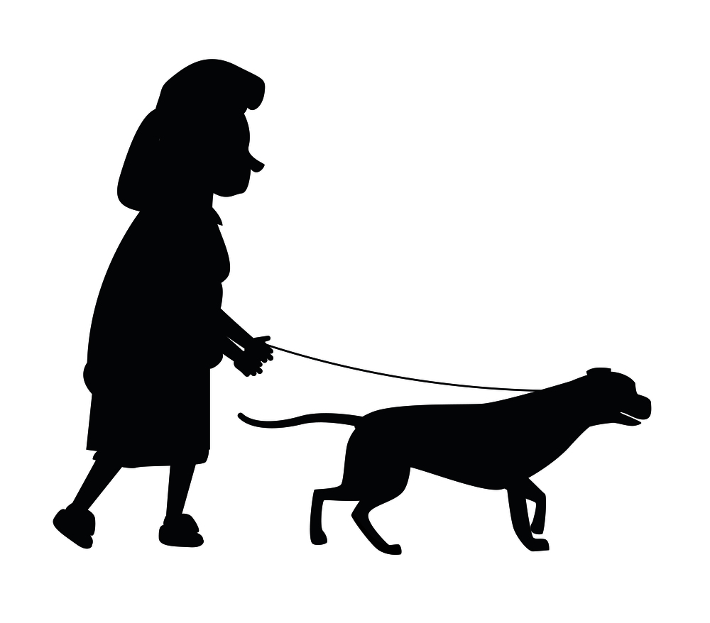 Old woman holding dog guide by the leash silhouette vector illustration isolated on white. Deaf or blind granny and animal helper. Dog Guide Silhouette Old Woman Holding Pet Vector