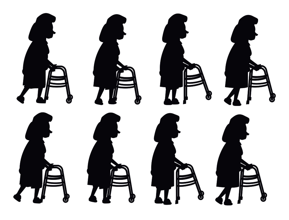 Elderly woman moving with help of front-wheeled walker black silhouette isolated vector on white. Metal tool designed to assist walking. Elderly Woman with Walking Frame Illustration
