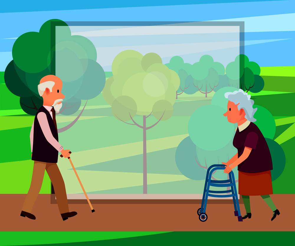 Retired man with walking stick and senior woman on walkers in city park with place for text vector illustration. Grandparents spend time together. Retired Man with Walking Stick and Senior Woman