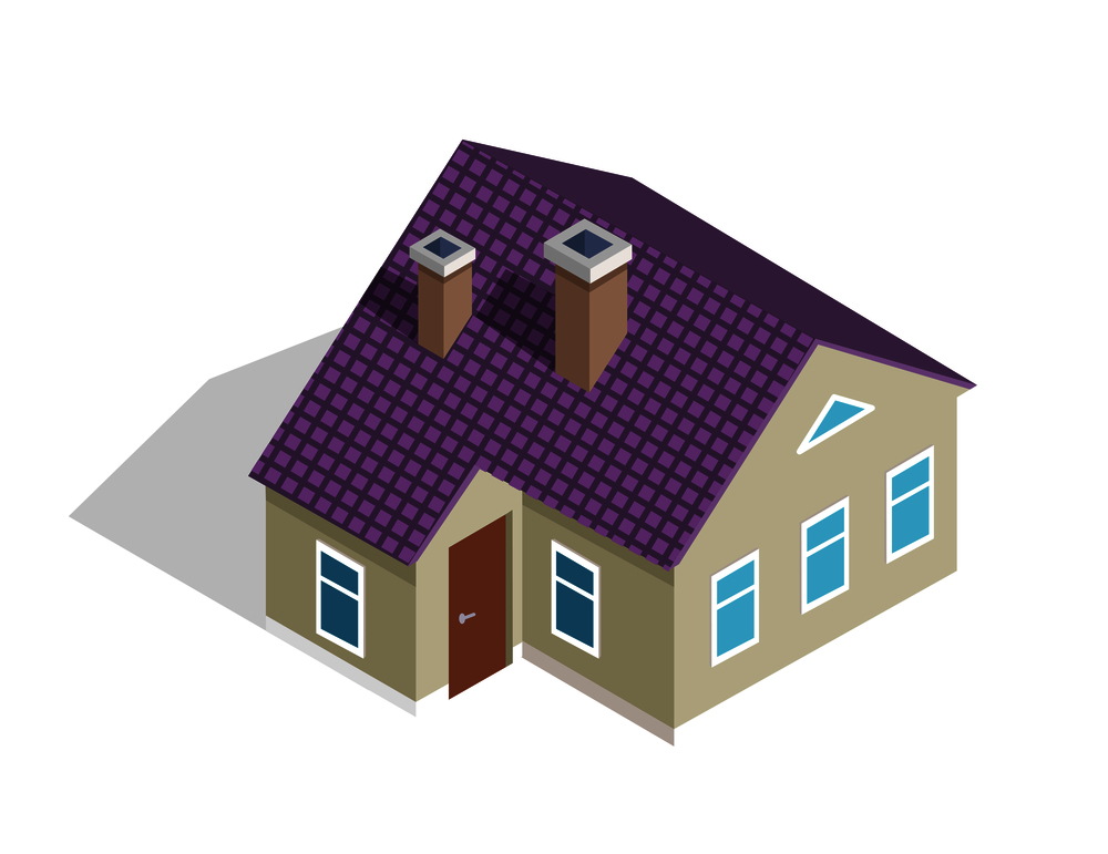 Cottage two-storey house with purple roof, entrance door on left side and two chimneys vector illustration icon isolated on white. Cottage Two-Storey House with Roof, Entrance Door