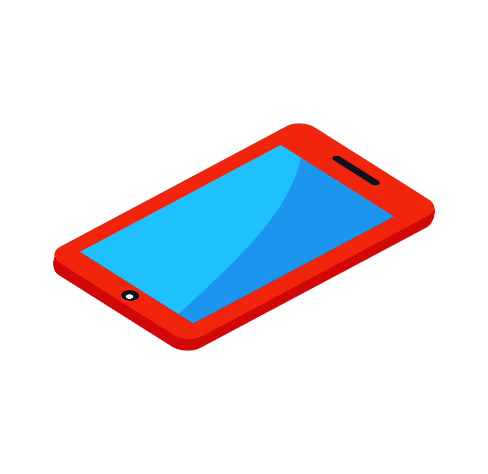 Modern red digital tablet with blue screen vector illustration isolated on white background. Smartphone or portable cellphone in isometric design. Modern Red Digital Tablet with Blue Screen Vector