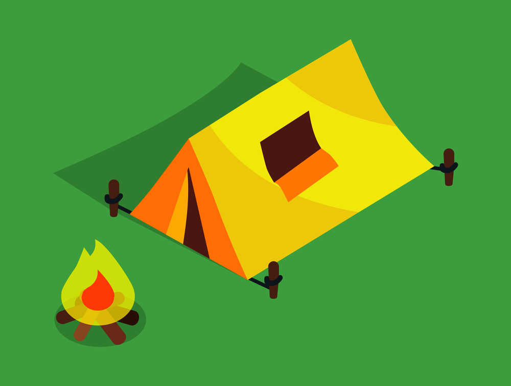 Camping tent with window on roof and bonfire vector illustration with shadow isolated on green background. Tourist shelter with firewood. Camping Tent with Window on Roof, Bonfire Vector