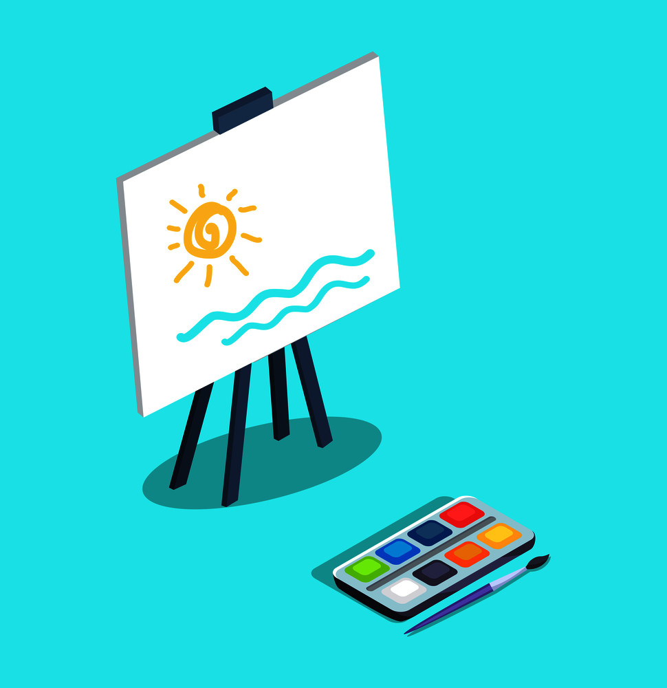 Easel with white canvas where drawn abstract sun and sea vector illustration isolated on blue. Picture depicted by watercolor paints with brush. Easel with White Canvas and Paints Brush Vector
