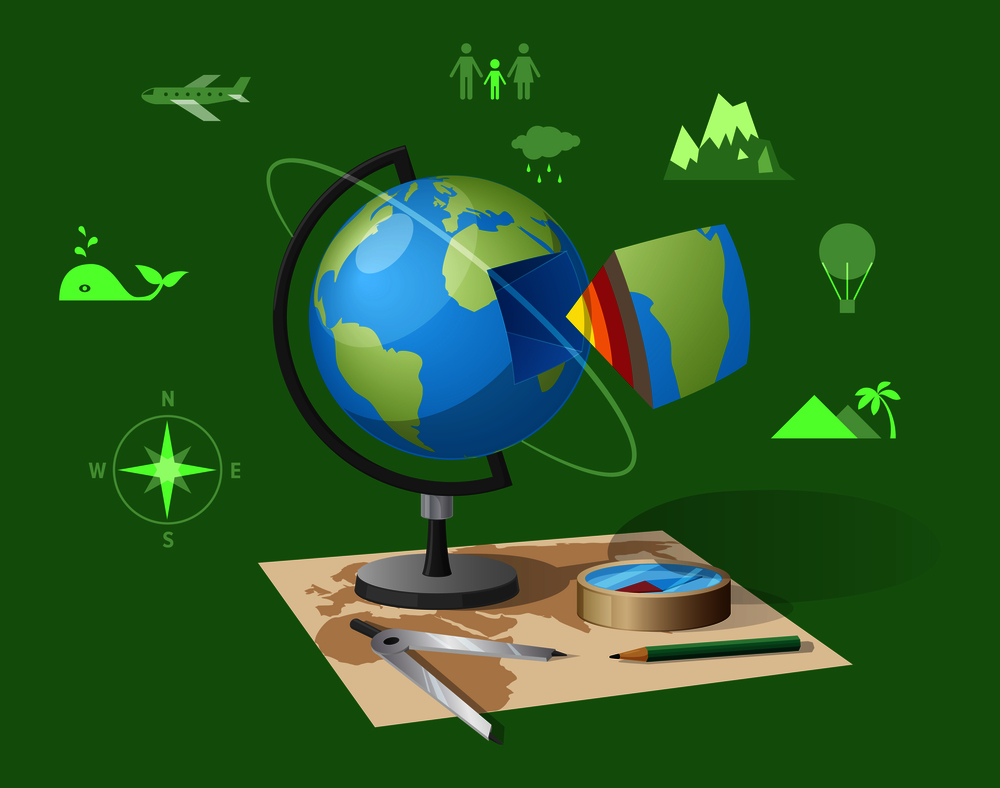 Geography class isolated vector illustration on green background. Cartoon style globe, graphite pencil and compass on world map along with other small icons. Geography Class Isolated Illustration on Green