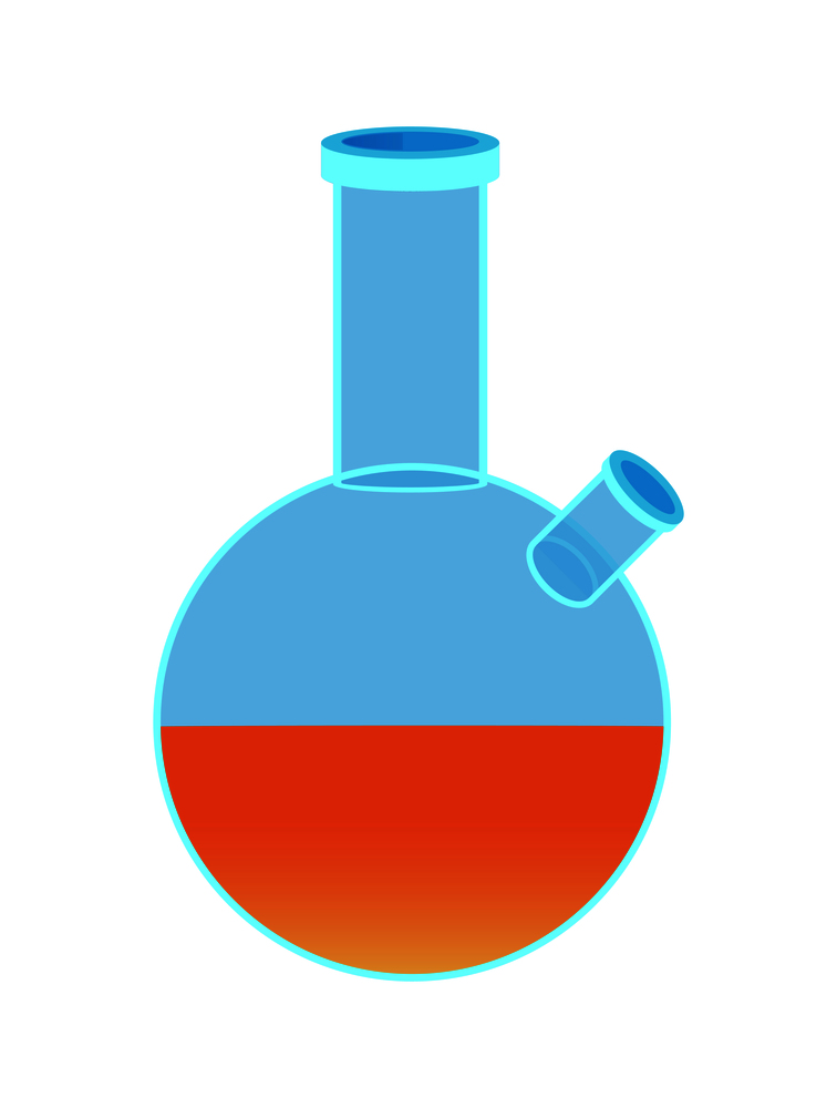 Chemical flask with two holes, orange liquid inside and round button vector illustration icon isolated on white background. Laboratory reservoir made of glass. Chemical Flask with Two Holes, Orange Liquid