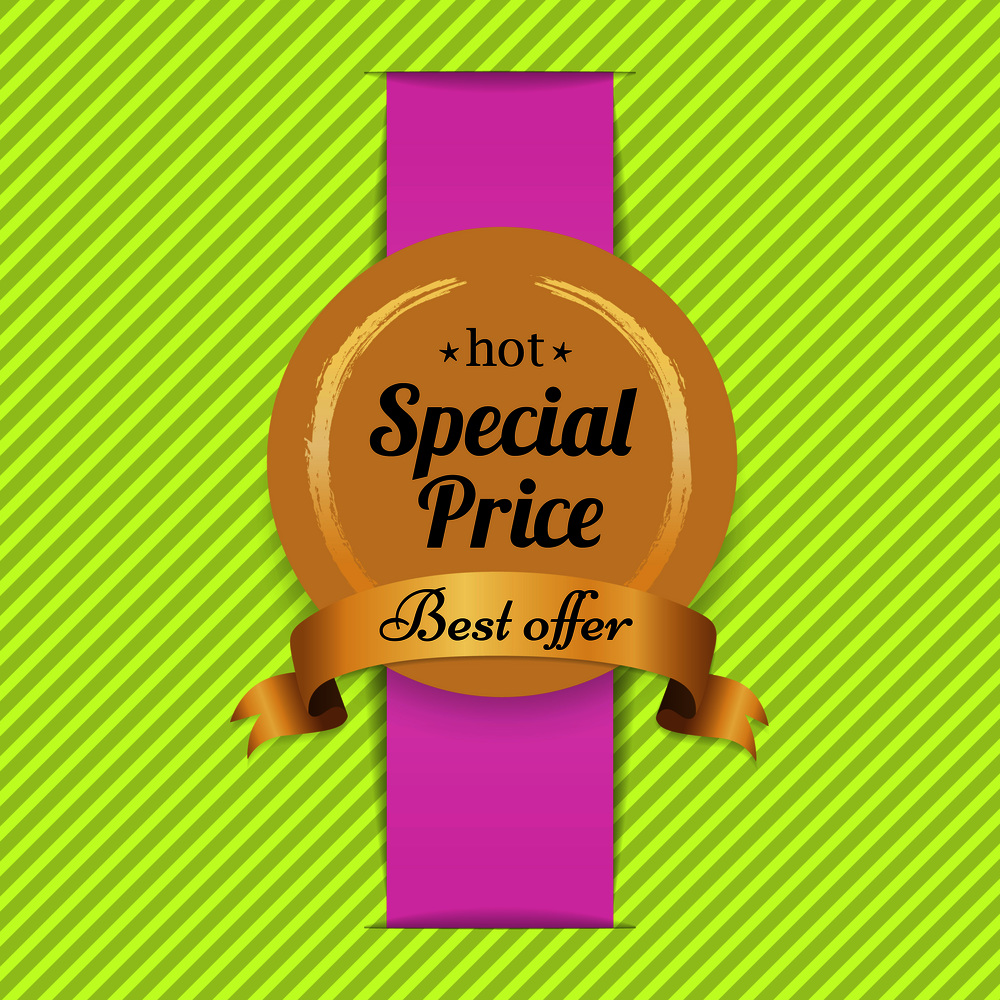 Special price best offer hot golden label with round seal made of gold and ribbon with text vector illustration isolated on yellow and pink background. Special Price Best Offer Hot Golden Label Seal