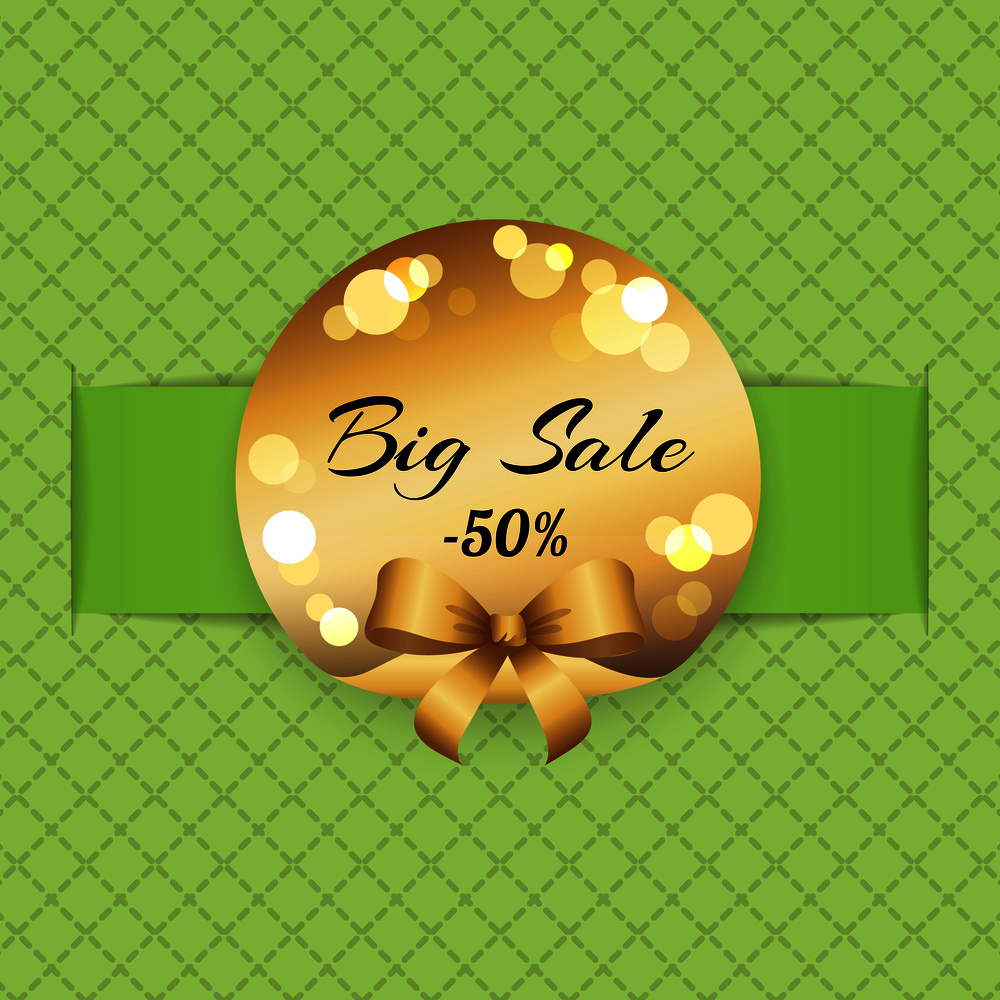 Big sale half price 50 percent off vector illustration with golden label blurred splashes, advertisement banner decorated with bow on checkered green. Big Sale Half Price Vector with Golden Label Logo