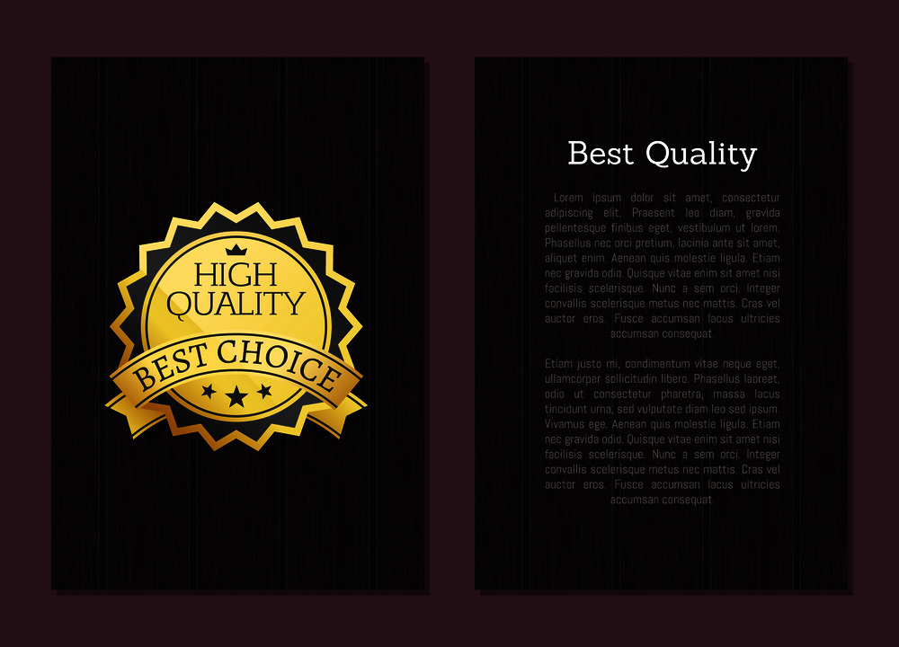 Best high quality award choice vector illustration banner on wooden dark backdrop and place for text poster with golden label and three stars. Best High Quality Award Choice Vector Banner Text