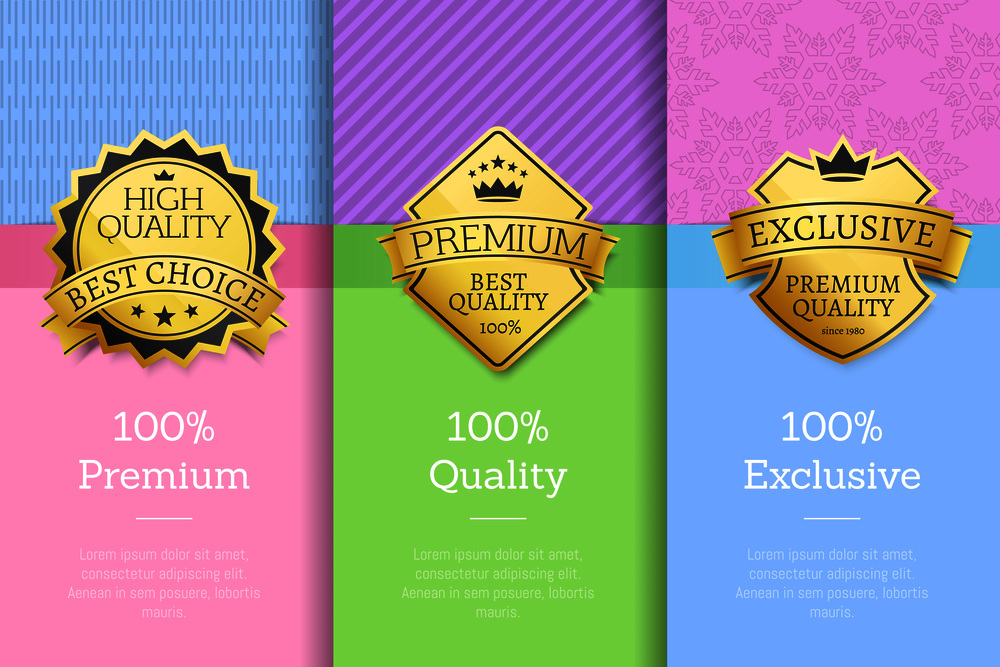 100 % premium quality exclusive brand high award set of posters with text on colorful backgrounds vector illustration banners collection. 100 Premium Quality Exclusive Brand High Award