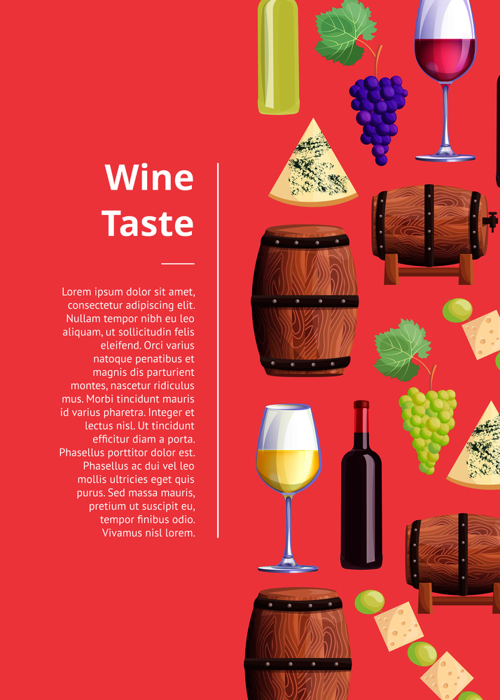 Wine taste description with grapes and bottles, glasses with drink, wooden barrels. Vector illustration with alcoholic beverage review on pink background. Wine Taste Visualization Vector Illustration Text