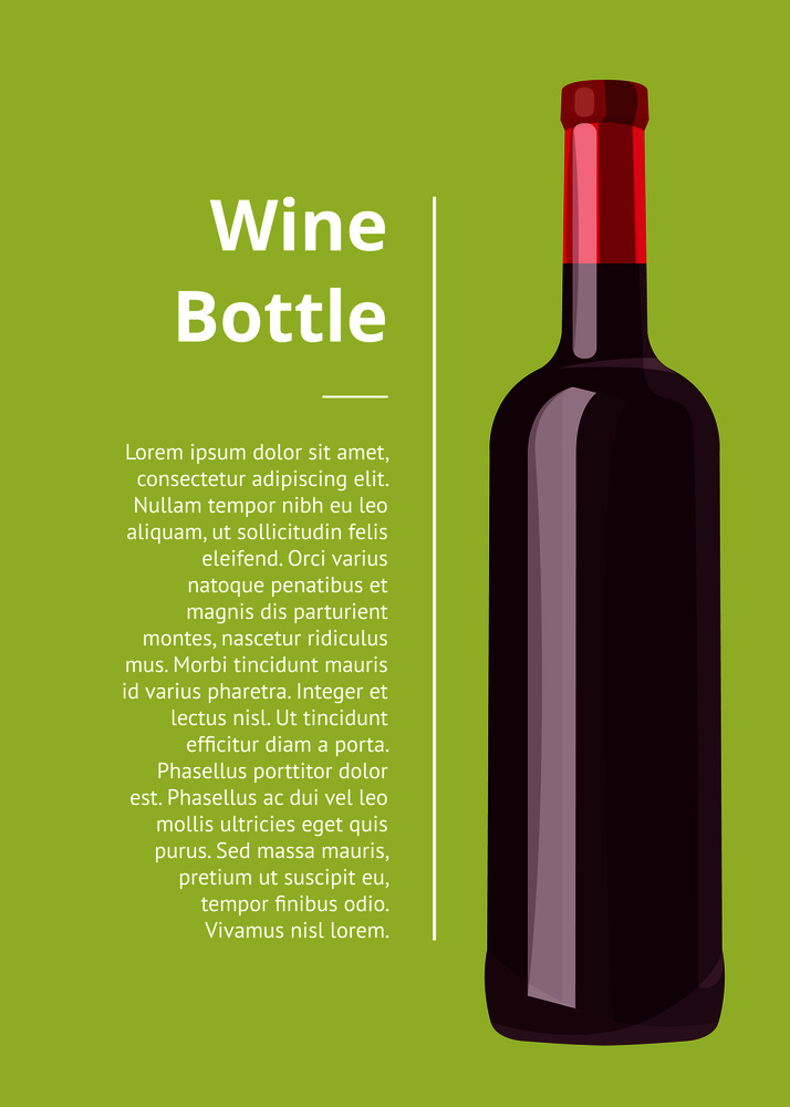 Wine bottle with alcoholic drink, icon represented on green poster, picture with title and text sample depicted on vector illustration. Wine Bottle Green Poster on Vector Illustration
