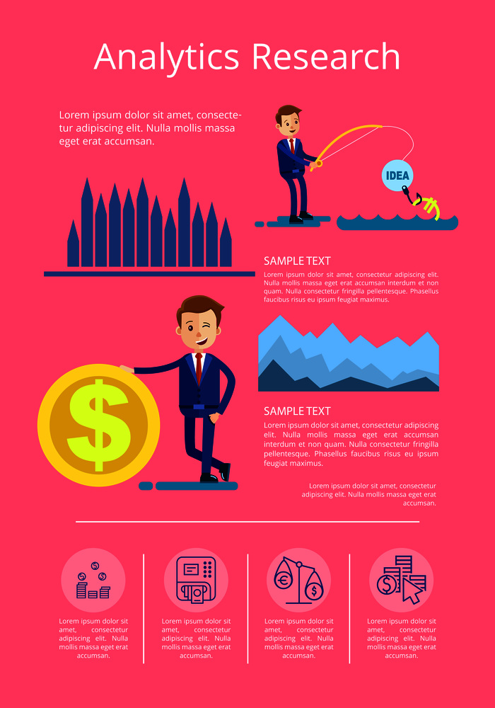 Analytics research with man attracting investments and business person with cash icon. Background of vector illustration with data interpretation is pink. Analytics Research Data Vector Illustration