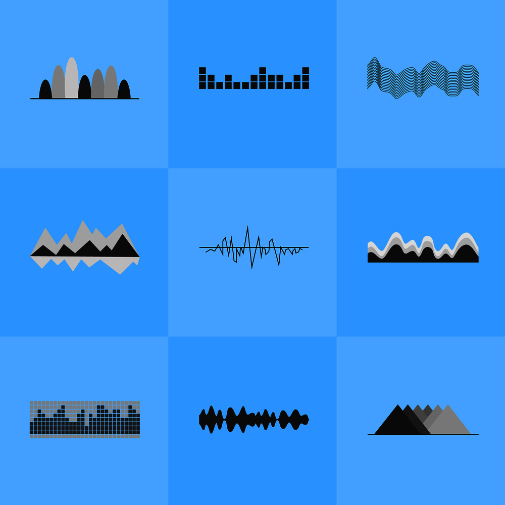 Music equalizer interface set of nine different icons with sound beat represented by lines, waves, bars and graphs background of vector illustration is blue. Music Equalizer Interface Set of Nine Icons