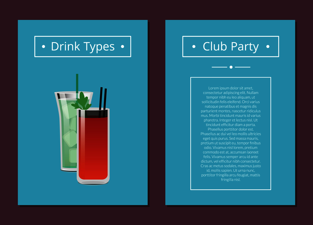 Club party drinks type promo poster with cocktails bloody mary and mojito, filled with ice, straw inside, vector illustration place for text on blue. Club Party Drinks Type Promo Poster with Cocktails