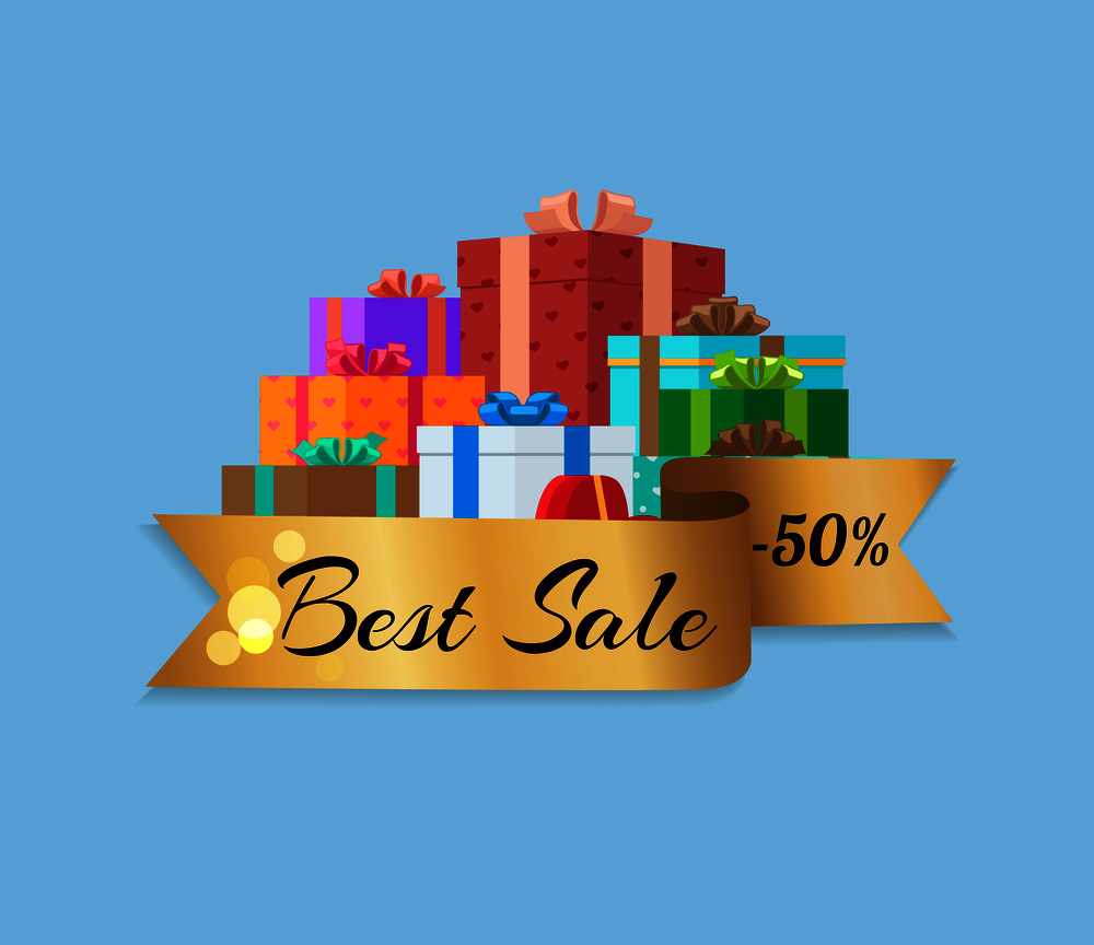Best sale 50 % off poster with golden ribbon and pile of present gift boxes in decorative wrapping with decor bows vector illustration on blue background. Best Sale 50 Off Poster with Gold Ribbon Gift Box