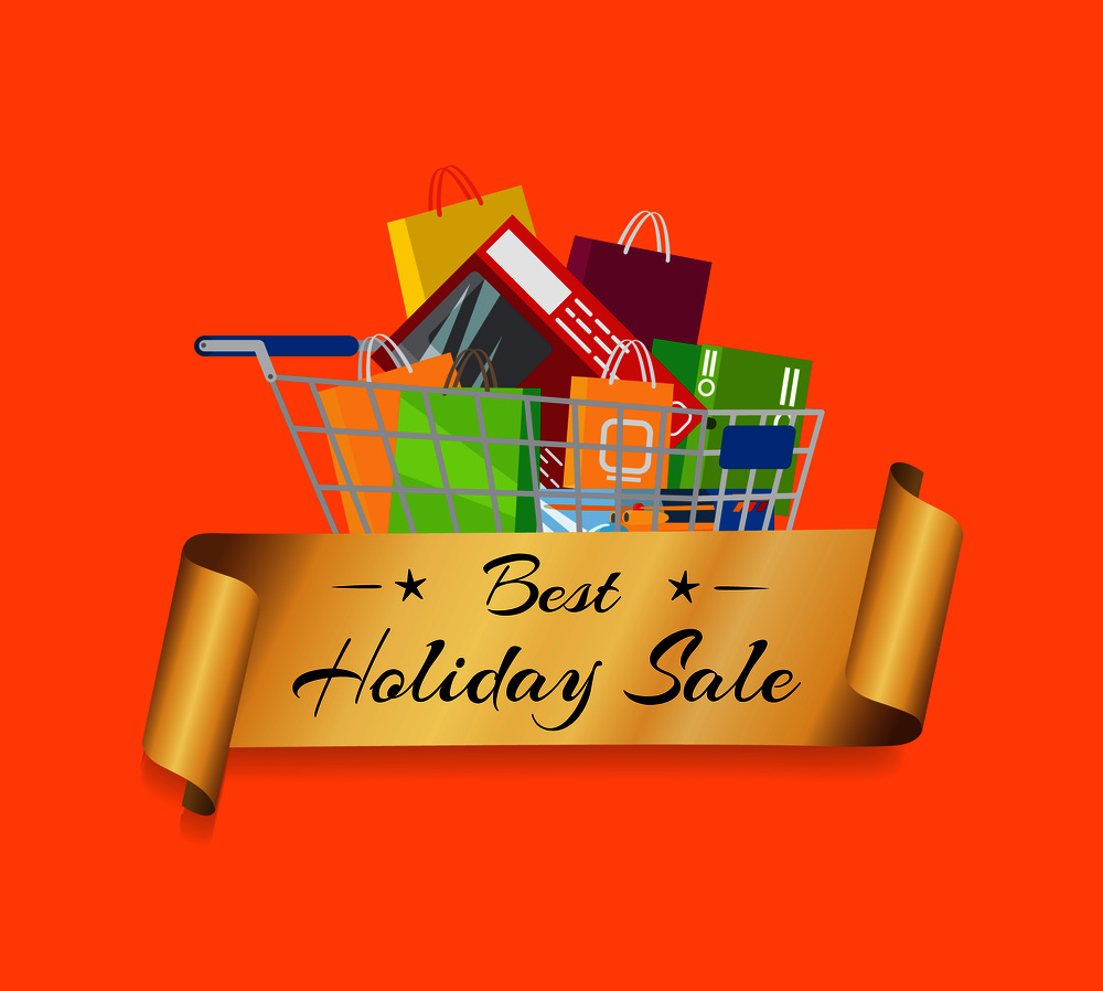 Best hoiday sale banner with cart full of shopping bags, supermarket trolley full of packed purchases vector illustration isolated on orange background. Best Holiday Sale Banner Cart Full of Shopping Bag