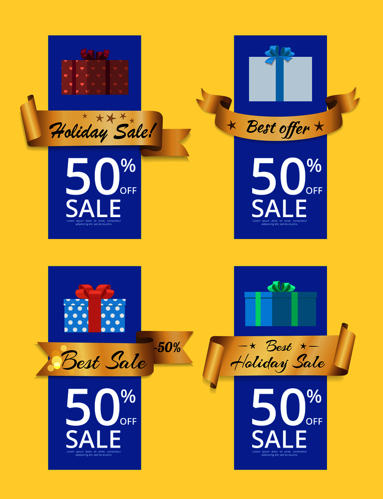Holiday sale posters set with 50 % discount gold label ribbon and gift boxes isolated on yellow. Promotional elements, decorative tape with text vector. Holiday Sale Posters Set 50 % Discount Gold Label