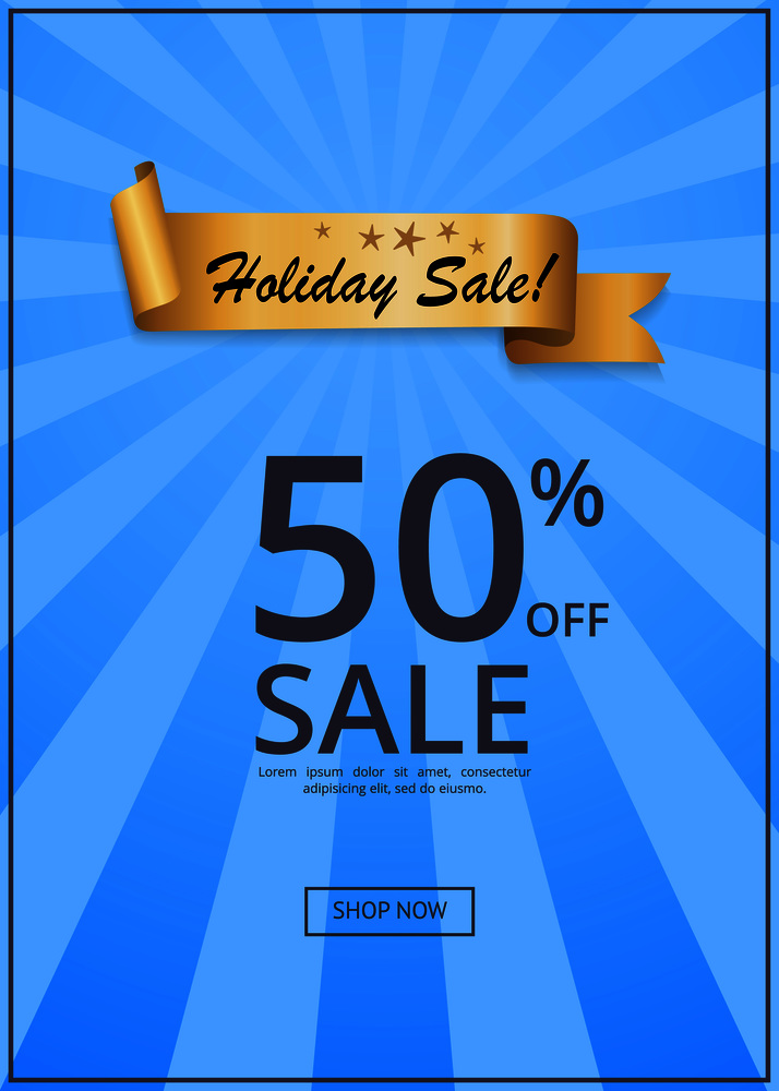 Holiday sale 50 % off present label ribbon on blue rays. Promotional element, decorative tape with promo text vector illustration web page design. Holiday Sale 50 % Off Present Label Rbbon on Blue