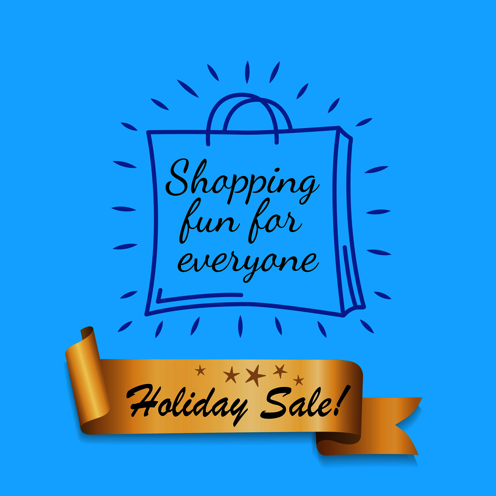 Shopping fun for everyone best offer golden label ribbon with stars isolated on blue. Promotional sale element, decorative tape with promo text vector. Shopping Fun for Everyone Best Offer Gold Label