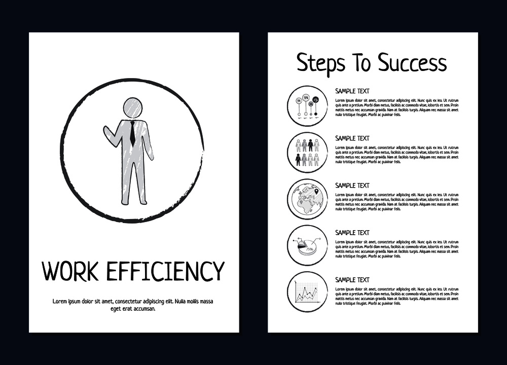 Work efficiency and steps to success black and white with icon of drawn person and guide how to reach goal vector illustration isolated on white background. Work Efficiency and Steps to Success Poster Black