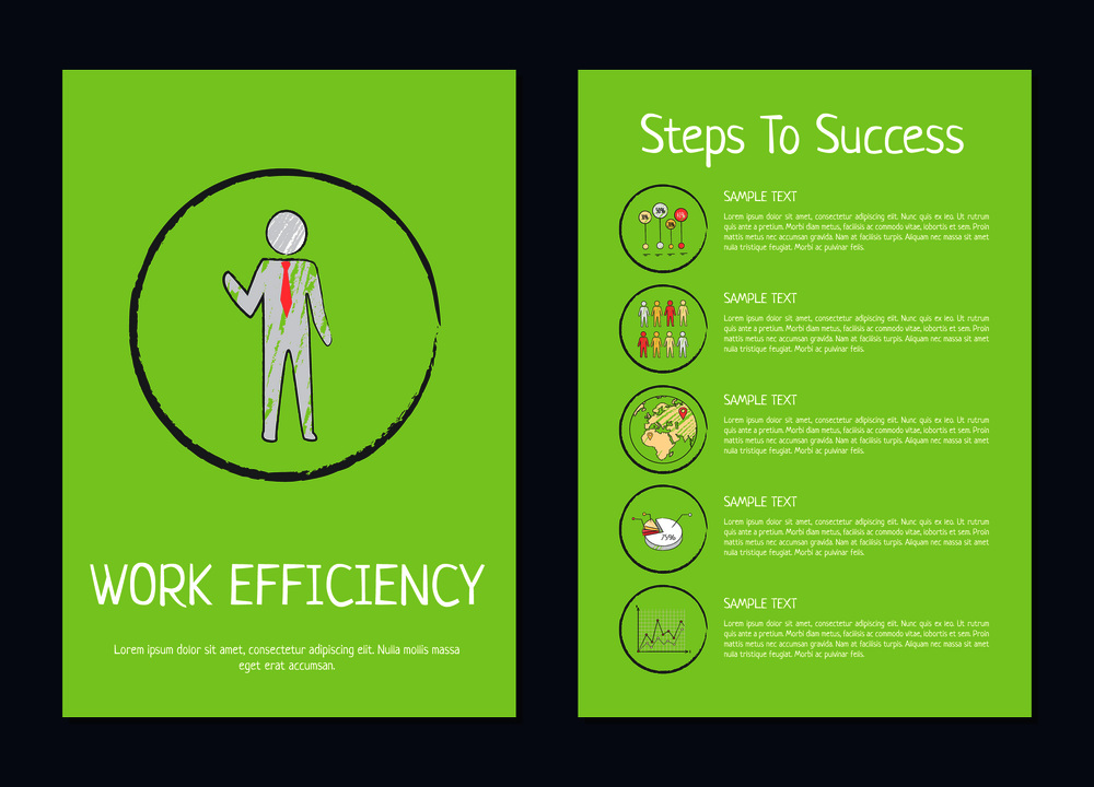 Work efficiency steps to success vector illustration on green background depicting a businessman in centerpiece circle and pictures followed by text. Work Efficiency. Success Vector Illustration