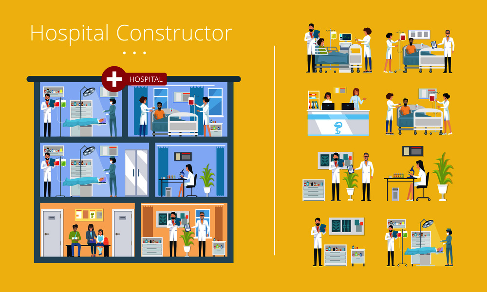 Hospital constructor scheme of medical services. Vector illustration contains doctors and nurses working with patients, laboratory researchers and surgeons. Hospital Constructor Scheme Vector Illustration