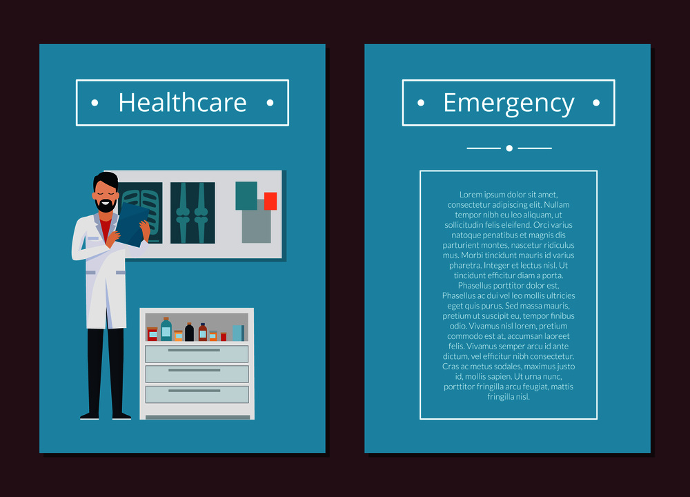 Healthcare and emergency set, doctor reading results of analysis in his room, detailed information about something in pic beside vector illustration. Healthcare and Emergency Set Vector Illustration