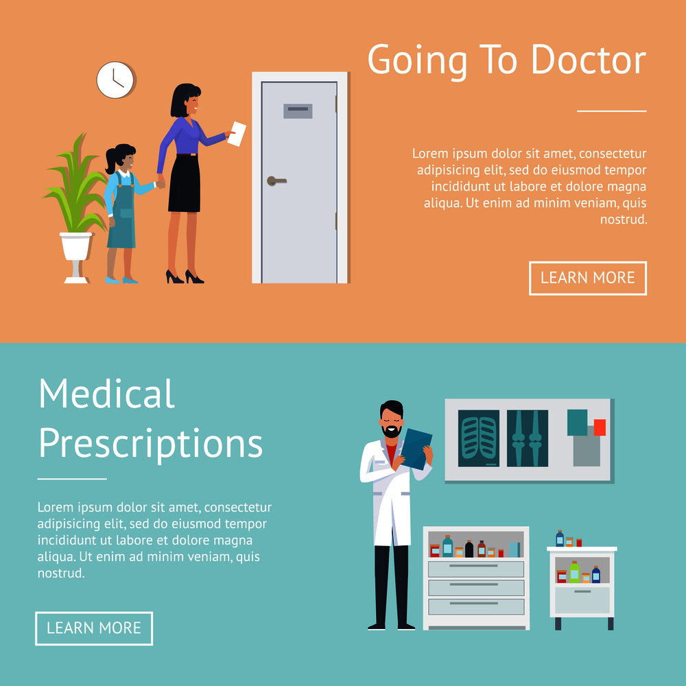 Going to doctor and medical prescriptions pictures set representing mother and daughter in waiting room and doctor, with text vector illustration. Going to Doctor Posters Set Vector Illustration