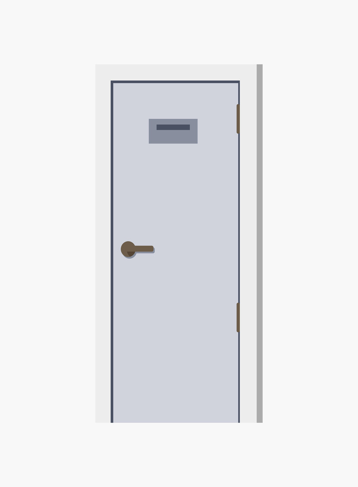 Closeup of white door with doorknob and empty grey signboard on it, icon represented on vector illustration isolated on white background. Closeup of White Door and Sign Vector Illustration