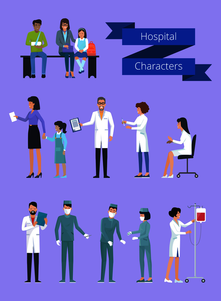 Hospital characters collection, representing patients sitting on bench, doctor giving prescription and nurse making injection vector illustration. Hospital Characters Collection Vector Illustration