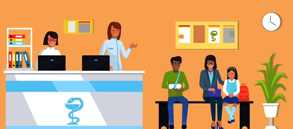 Patients at reception, man with broken arm and family, nurses with computers, room with clock and plant, bench for people on vector illustration. Patients at Reception Vector Illustration Orange