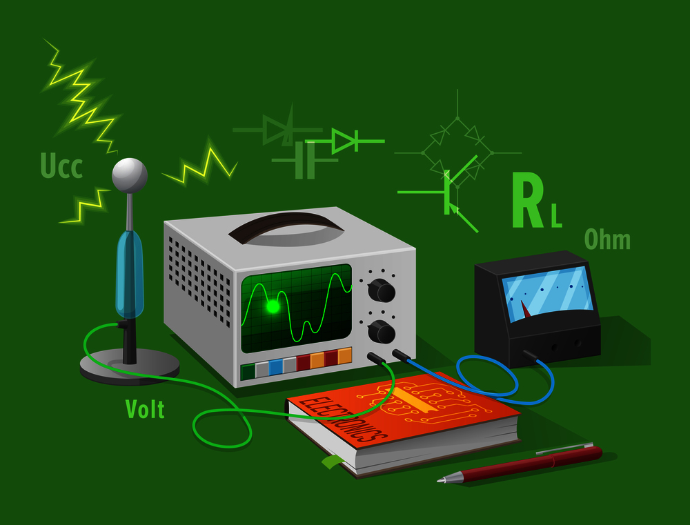 Electronics class isolated vector illustration on green background. Cartoon style textbook, ballpoint pen and various electricity related devices. Electronics Class Isolated Illustration on Green