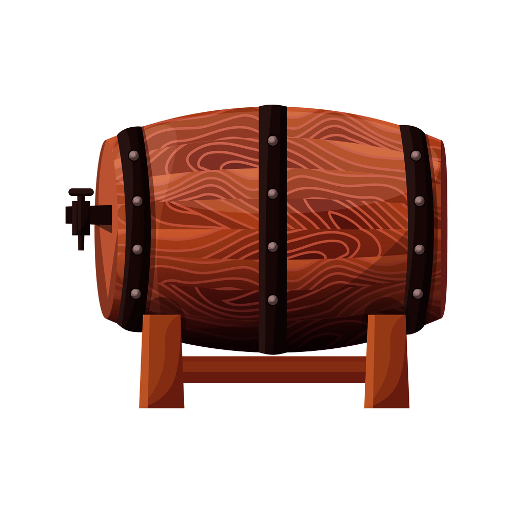 Wooden brown barrel containing fine wine of some sort, closeup of icon depicted on vector illustration isolated on white background. Wooden Brown Barrel on Vector Illustration White