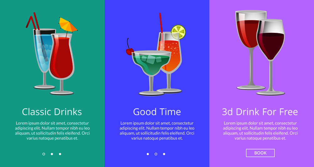 Classic and 3D drinks for free ro have good time. Tasty alcoholic beverages with fruit slices and straws vector illustrations on bright background.. Classic and 3D Drinks for Free ro Have Good Time