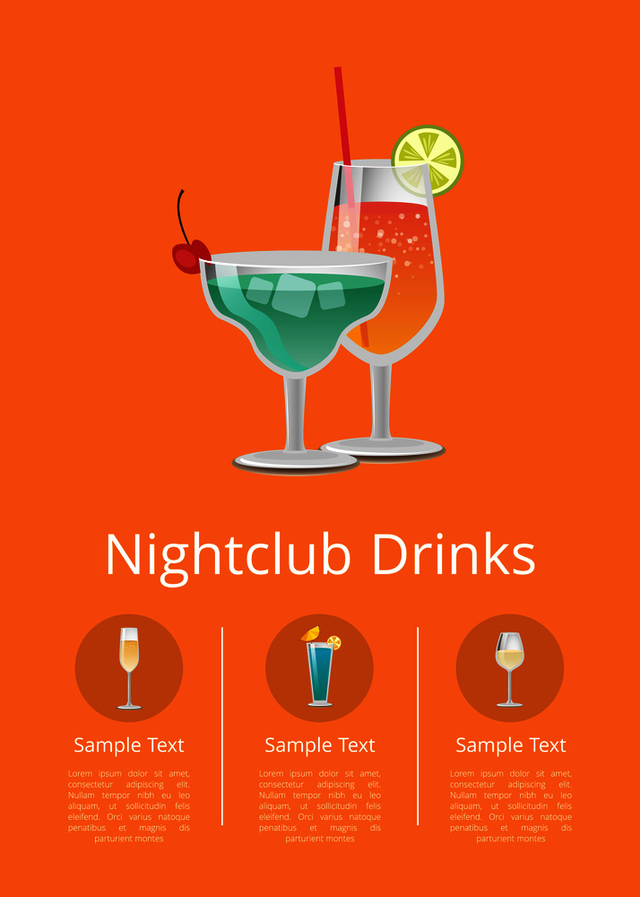 Nightclub alcohol drinks advertising poster with icons alcoholic beverages in festive decorated glasses. Vector with cocktails in circles and text. Nightclub alcohol Drinks Advertising Poster Icons
