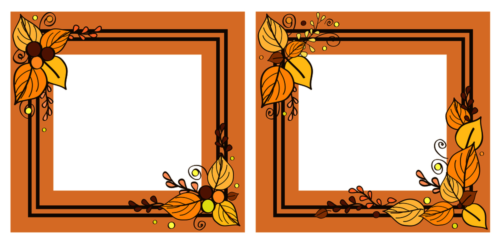 Autumn frames with leaves and branches, floral decoration empty inside with place for text on vector illustrations isolated on white background. Autumn Frames Set, Leaves on Vector Illustration