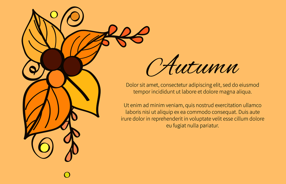 Autumn poster with yellow and orange leaves, decorative branches and beads vector illustration with place for text isolated on beige background. Autumn Poster with Yellow and Orange Leaves, Decor