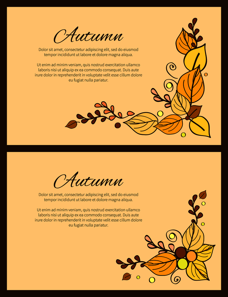 Autumn season greeting cards set decorated by bouquet made of gold yellow leaves, fall foliage elements isolated on beige background, botanical poster. Autumn Season Greeting Card Decorated by Bouquet