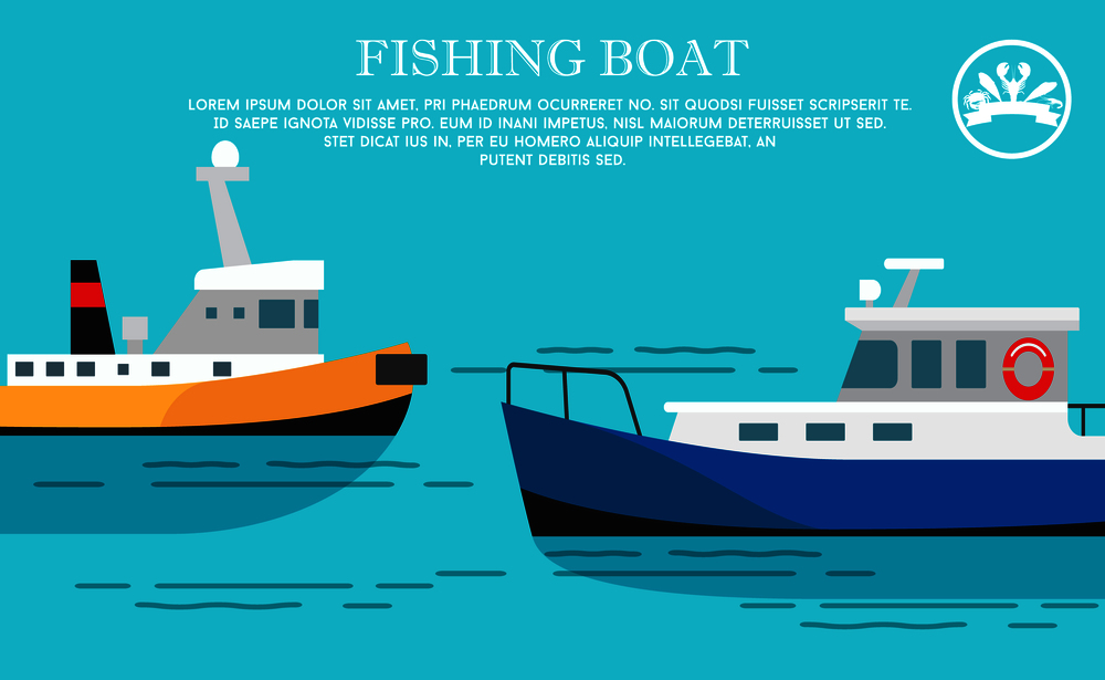 Fishing boat sea transportation vessel with large cargo ship on blue water with tiny waves. Vector illustration with shipping services advert. Fishing Boat Sea Transportation Vessel with Cargo