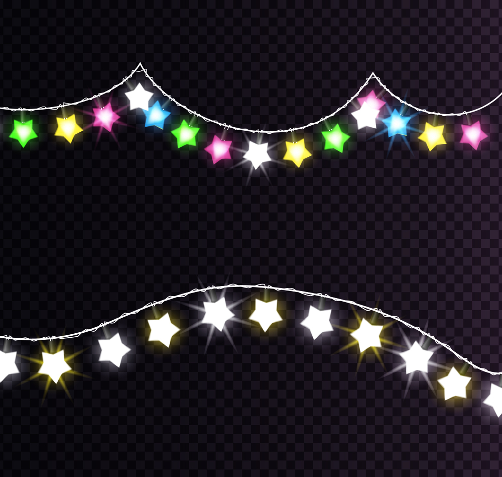 Colorful garlands made of shining big and small glittering stars, New Year and Christmas decorative element isolated on transparent background vector. Garland Made of Shining Big Small Glittering Stars