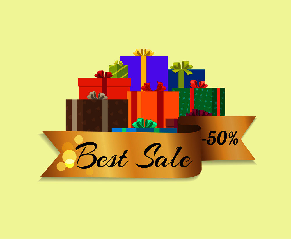 Best sale 50 % off poster with golden ribbon, pile of present gift boxes in decorative wrapping with decor bow vector illustration on beige background. Best Sale 50 Off Poster with Gold Ribbon Gift Box