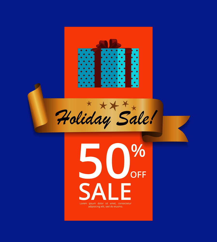 Best holiday sale 50 % off present gift box golden label ribbon on blue. Promotional element, decorative tape with promo text vector illustration. Best Holiday Sale 50 % Off Present Box Gold Label