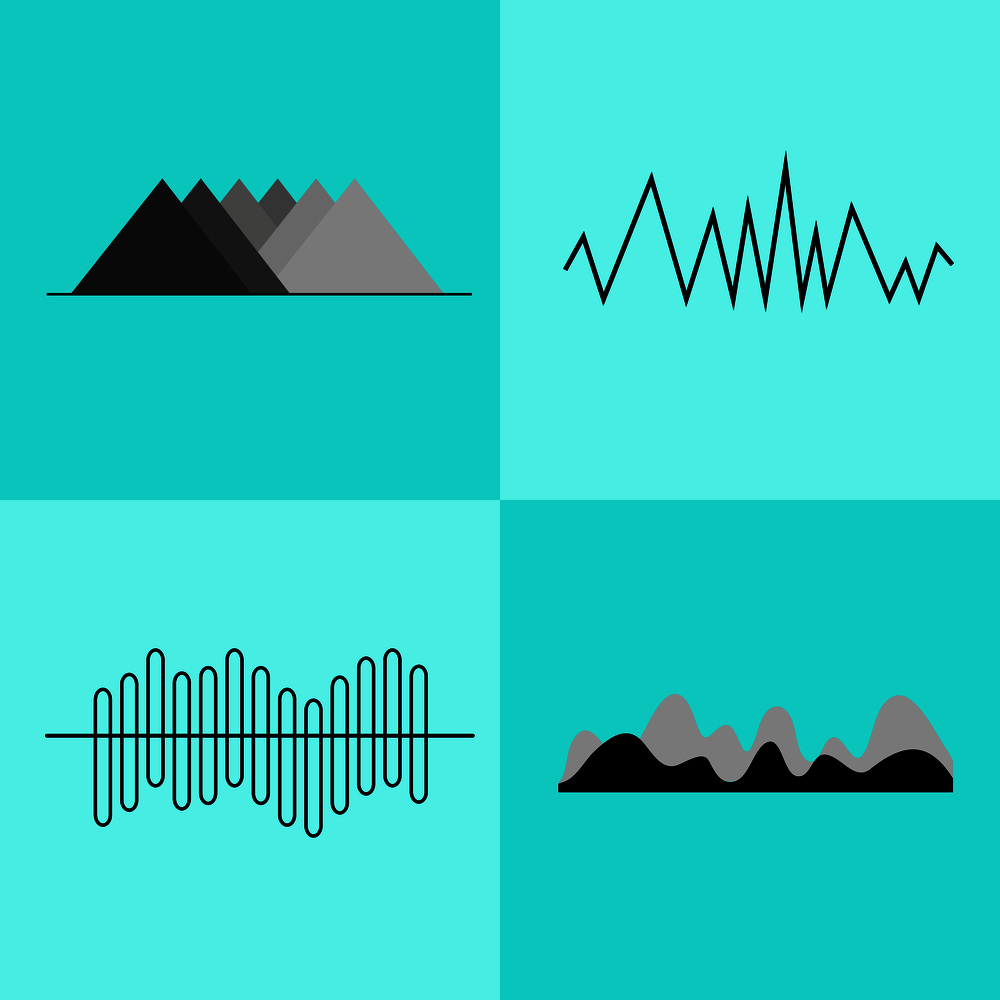 Set of geometric charts, consisting of graphs made on curved and straight lines, triangles and rounded shapes on vector illustration. Set of Geometric Charts on Vector Illustration